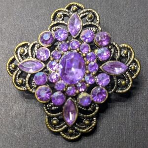 Gothic-inspired Brooch Pin, Purple Faceted "Stones", Antiqued Gold-tone Setting